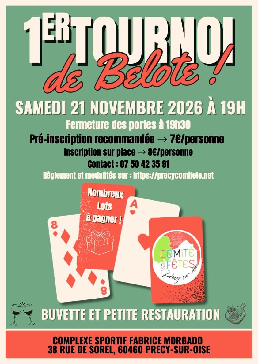 Affiche 1er tournoi de belote - Comité des fêtes de Précy-sur-Oise