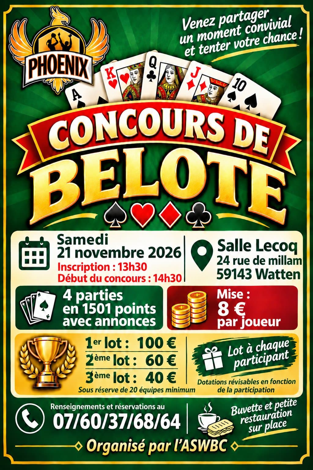Affiche Concours de belote Aswbc 4 parties avec annonces en 1501 points