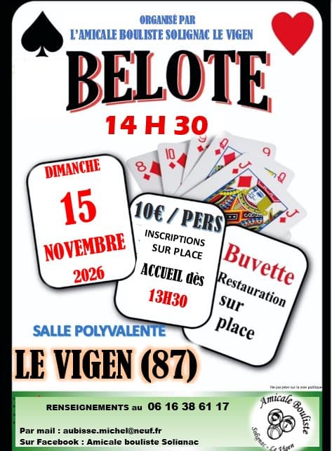 Affiche concours de belote du club de pétanque de Solignac / Le Vigen ( 87)