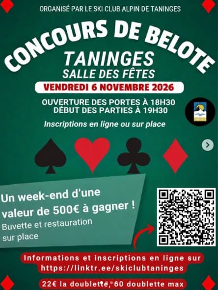 Affiche concours de belote du ski club alpin de Taninges