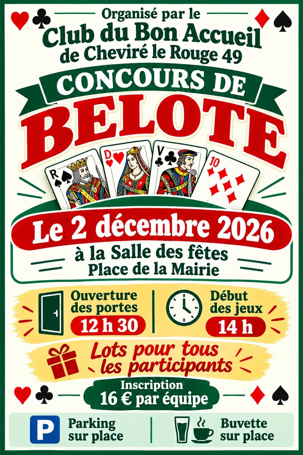 Affiche Concours de Belote organisé par le Club du Bon Accueil de Cheviré le Rouge