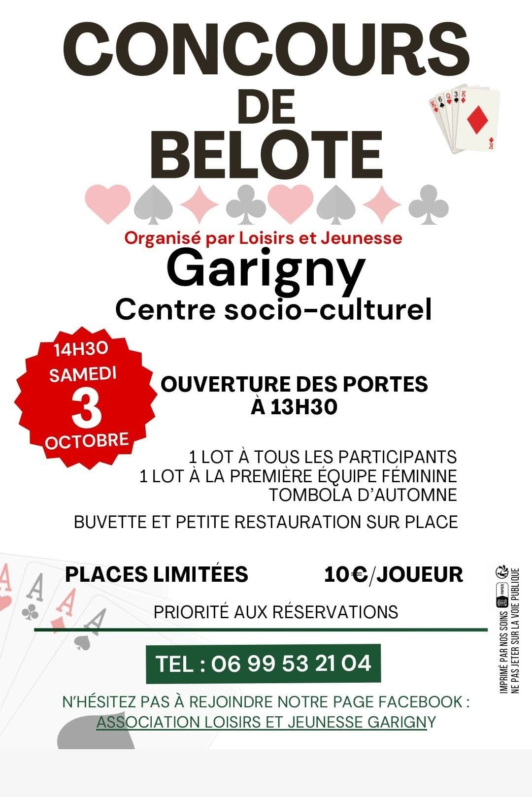 Affiche Concours de belote organisée par l'association loisirs et jeunesse de Garigny