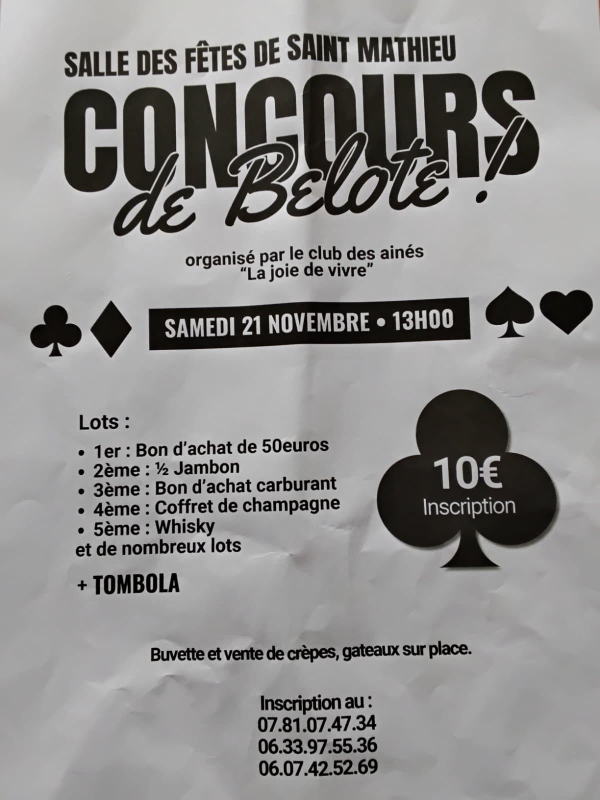 Affiche Concours de belote organisé par le club des aînés (la joie de vivre) St Mathieu 87440