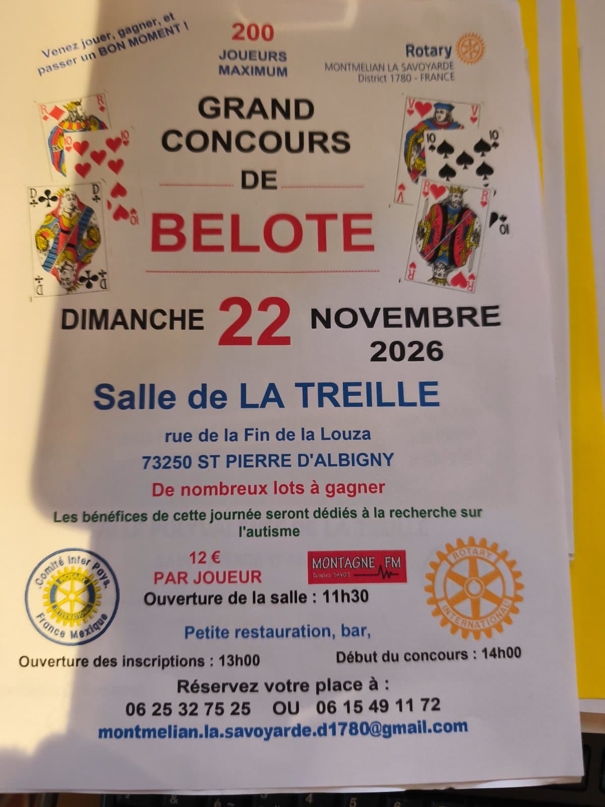 Affiche grand concours belote st pierre d'albigny salle de la treille 22novembre 2026