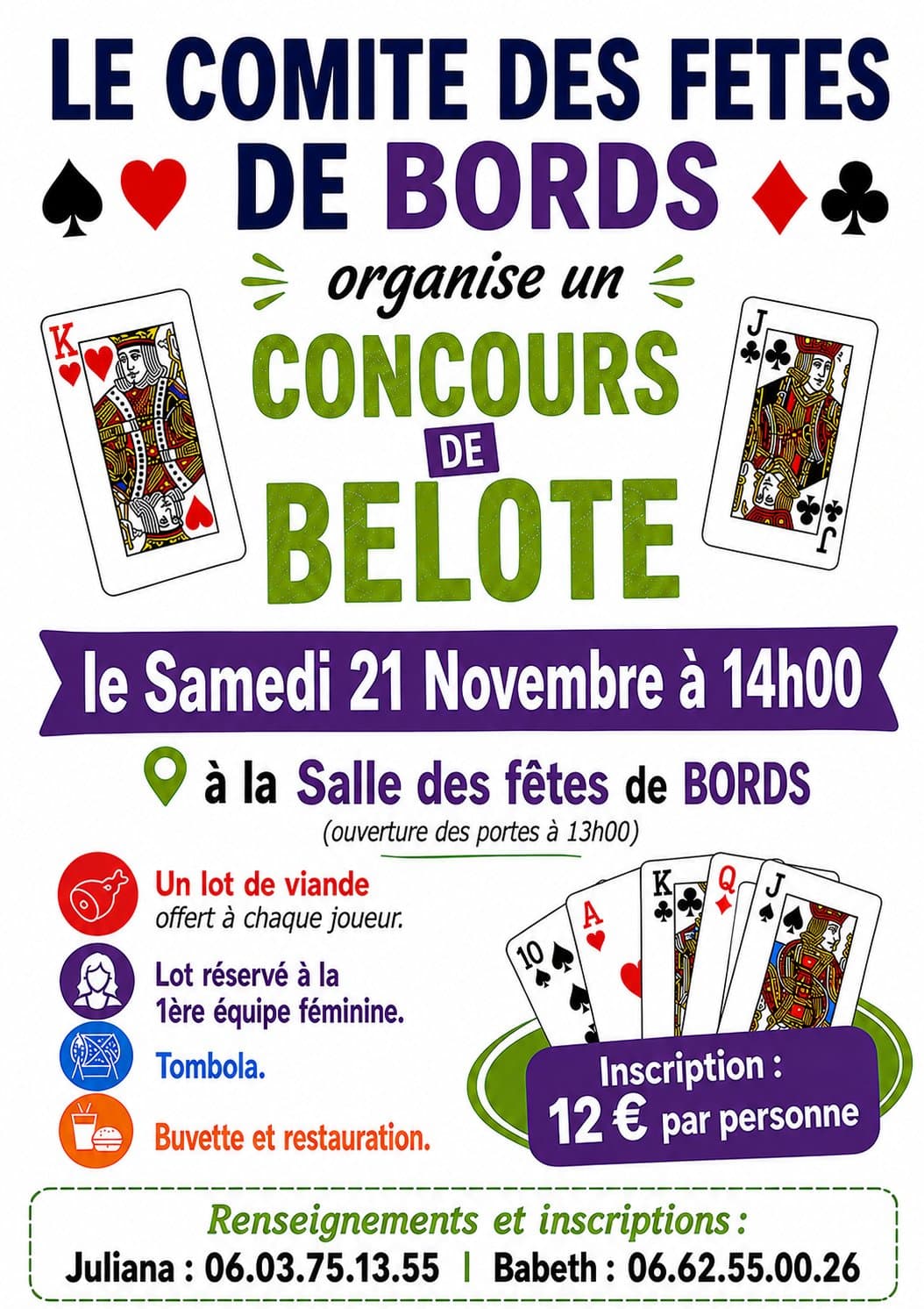 Affiche Le comité des fêtes de Bords 17430 organise un concours de belote le 21 novembre. Détails sur l'affiche jointe